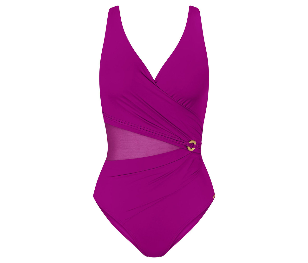 Magenta Badeanzug mit V-Ausschnitt und geraffter Taille, mit einem Mesh-Einsatz an der Seite, zusammengehalten durch einen goldenen Ring.