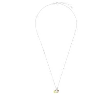 Nahaufnahme einer silbernen Halskette mit einem goldenen Herzanhänger. Amor Halsschmuck mit Herz-Motiv