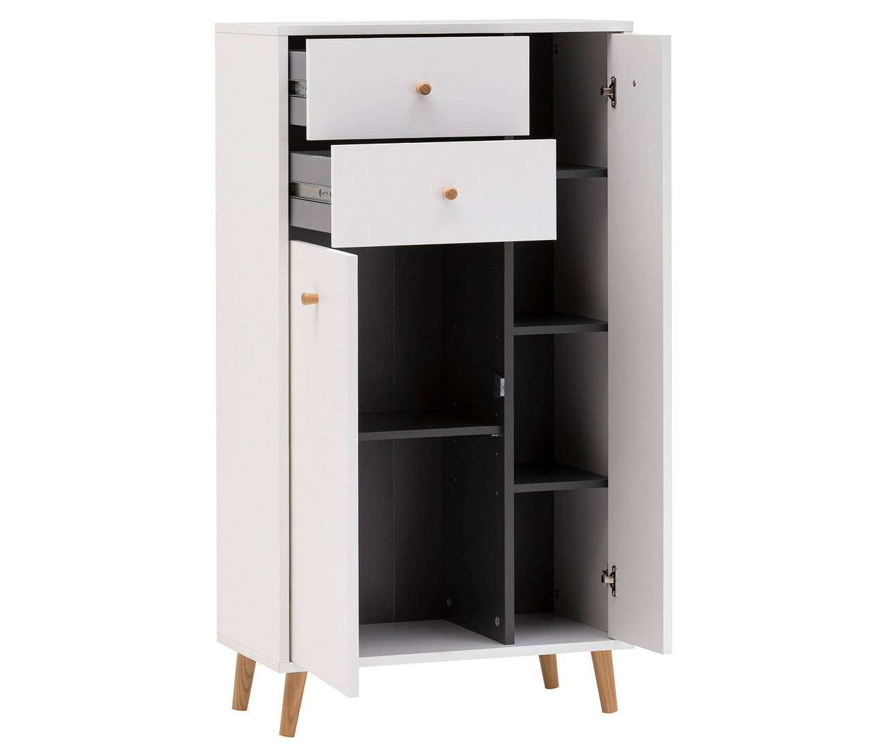 Ein weißer Schrank mit zwei Schubladen und offenen Türen steht vor einem neutralen Hintergrund.