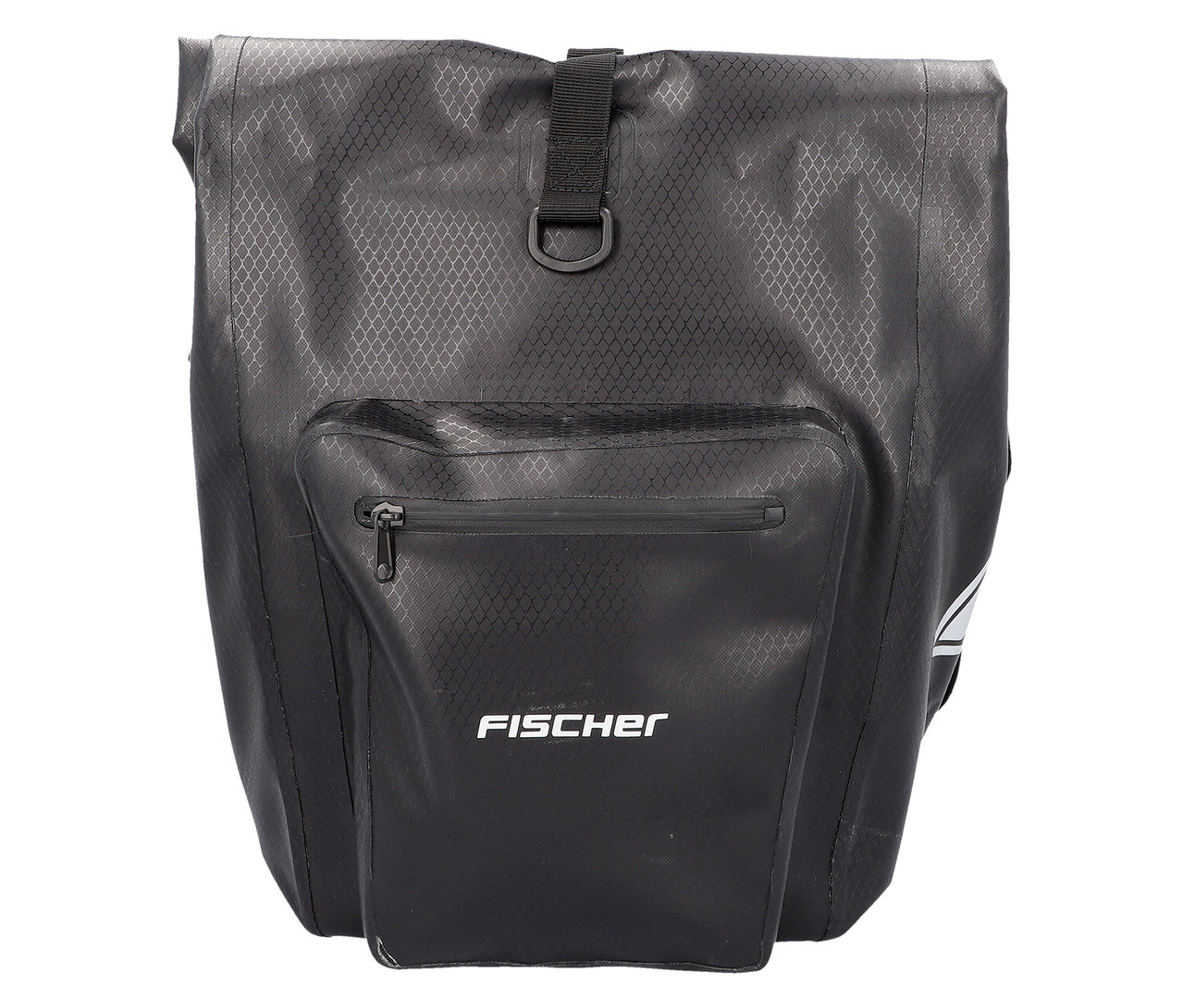 Schwarze FISCHER Gepäckträgertasche PLUS+ Terra mit Tasche und Reißverschluss.