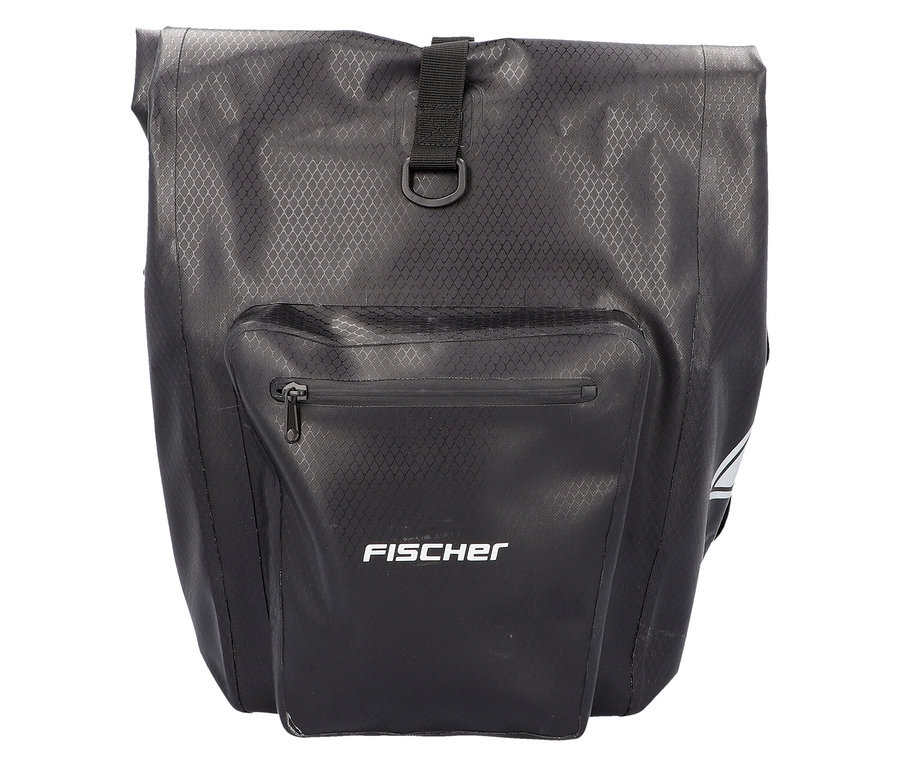 Schwarze FISCHER Gepäckträgertasche PLUS+ Terra mit Tasche und Reißverschluss.
