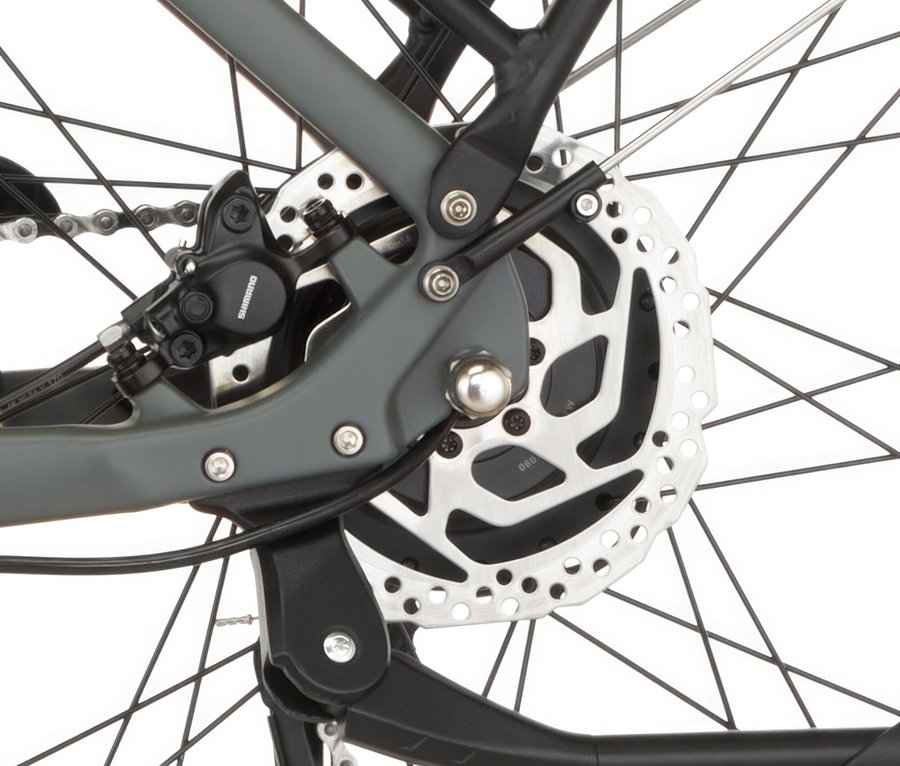 Nahaufnahme des Hinterrads eines FISCHER City E-Bike CITA MOVE mit Speichen, Bremsscheibe und Seitenständer.