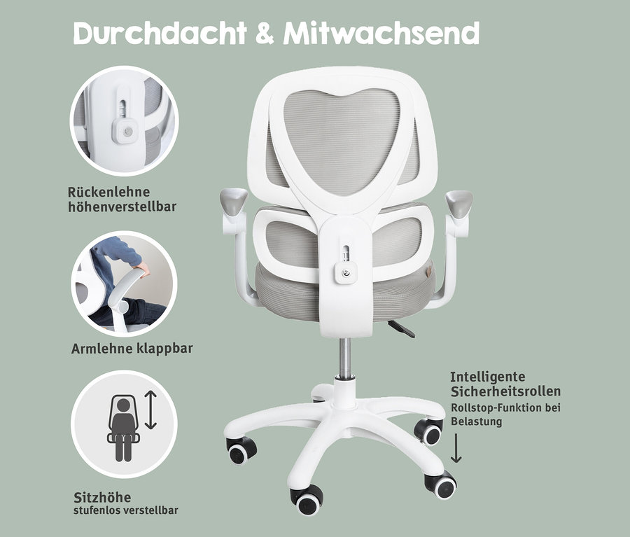Der Roba Bürostuhl mit geteilter Rückenlehne und Armlehnen ist von hinten zu sehen. Die Rückenlehne ist höhenverstellbar, die Armlehne klappbar.