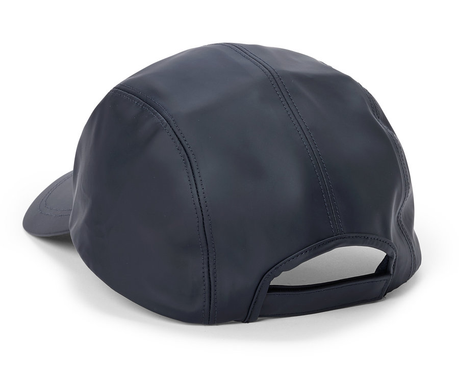 Rückansicht einer marineblauen Baseballkappe mit gebogenem Schirm und verstellbarem Riemen.