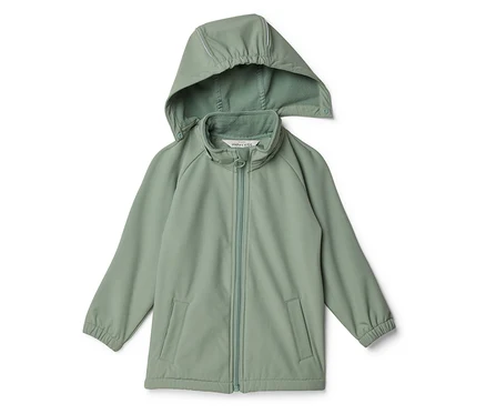 Hellgrüne Kinder-Regenjacke mit Kapuze und Reißverschluss auf weißem Hintergrund.