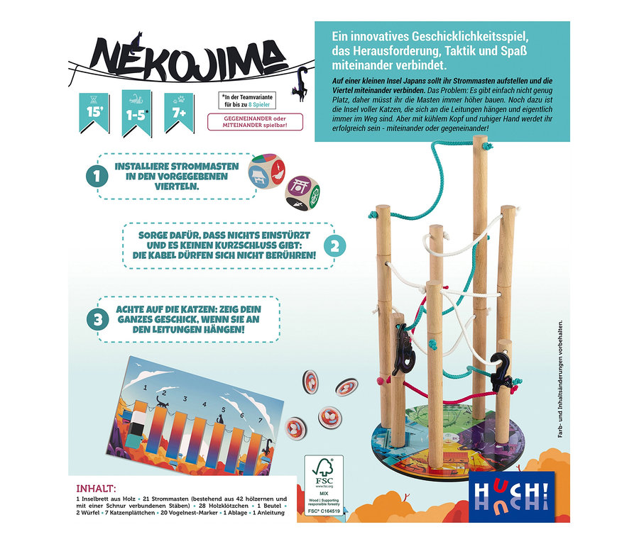 Das Spiel »Nekojima« zeigt einen Geschicklichkeitsturm mit Holzmasten, an denen Katzenspielfiguren hängen. Spielbrett, Würfel und Spielanleitung sind sichtbar.