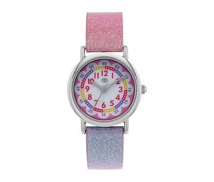 Eine Kinderuhr mit einem glitzernden rosa-lila Armband und einem silberfarbenen Gehäuse. Das weiße Zifferblatt zeigt große rote Zahlen, kleinere schwarze Zahlen und einen rosa Außenring mit bunten Minutenmarkierungen.