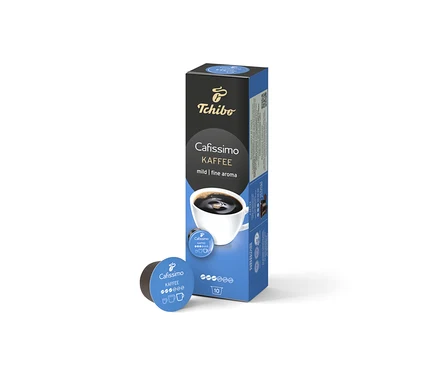 Eine Packung Cafissimo Kaffee mild - 10 Kapseln steht neben einer einzelnen Kapsel.