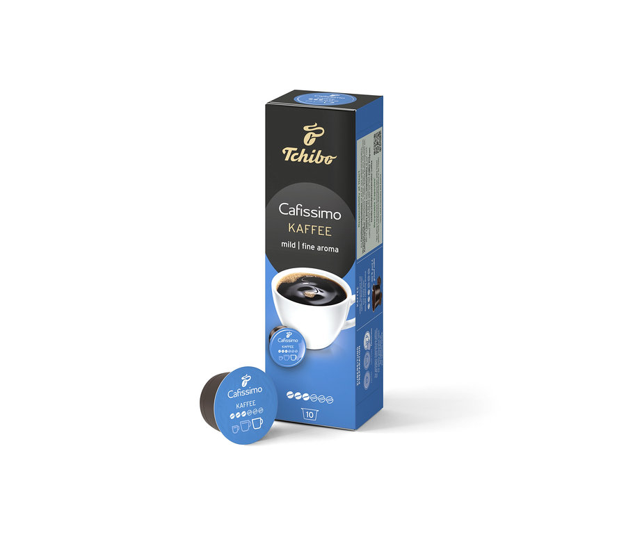 Eine Packung Cafissimo Kaffee mild - 10 Kapseln steht neben einer einzelnen Kapsel.