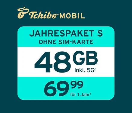 Tchibo Mobil Jahrespaket S ohne SIM-Karte mit 48 GB inklusive 5G für 69,99 Euro für 1 Jahr.