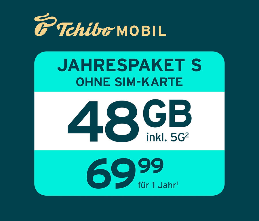 Tchibo Mobil Jahrespaket S ohne SIM-Karte mit 48 GB inklusive 5G für 69,99 Euro für 1 Jahr.