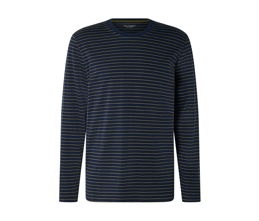 Dunkelblaues Langarmshirt mit dünnen, horizontalen olivgrünen Streifen und Rundhalsausschnitt.
