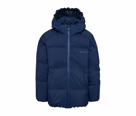 Blaue hummel® HMLJR All Weather Puffer Jacket mit Kapuze und Reißverschluss, mit hummel® Logo auf der rechten Brust.