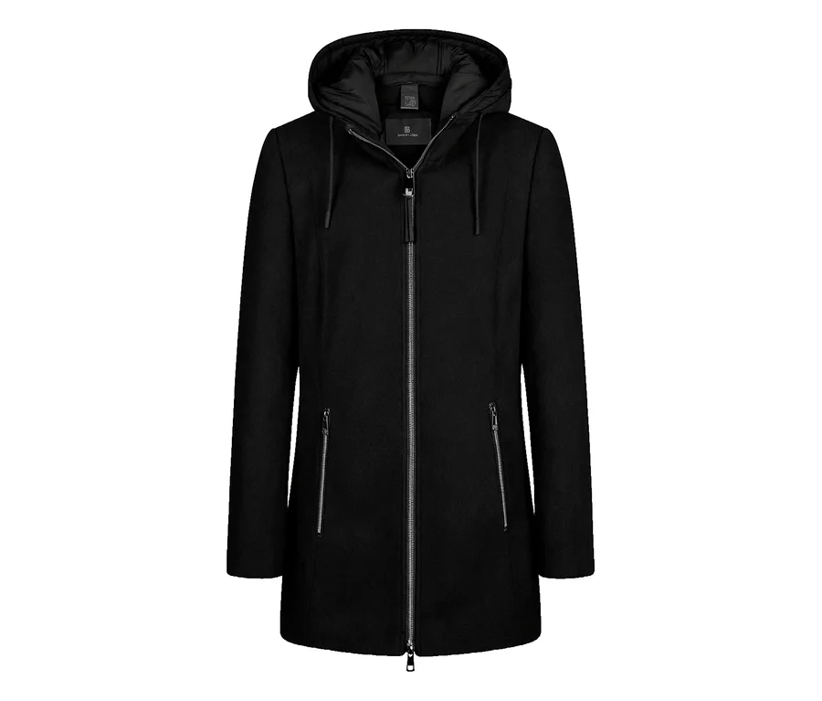 Schwarze Barbara Lebek Wolljacke mit Kapuze, durchgehendem Reißverschluss und zwei Reißverschlusstaschen.