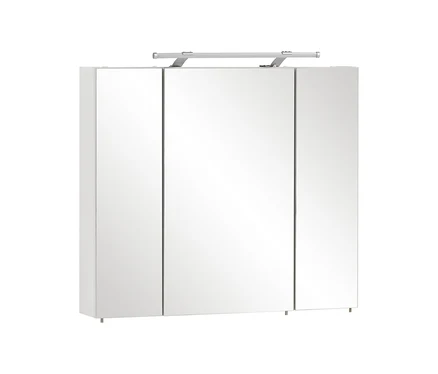 Weißer Spiegelschrank #Dorina# mit drei Spiegeltüren und integrierter Beleuchtung oben, 80 cm breit.