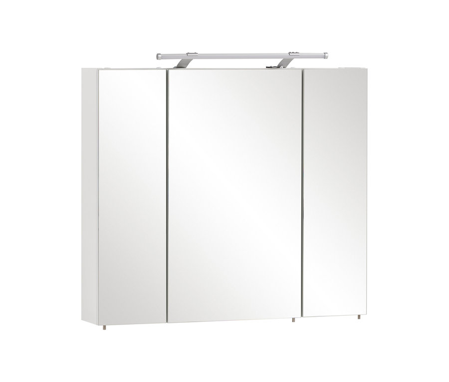 Weißer Spiegelschrank #Dorina# mit drei Spiegeltüren und integrierter Beleuchtung oben, 80 cm breit.