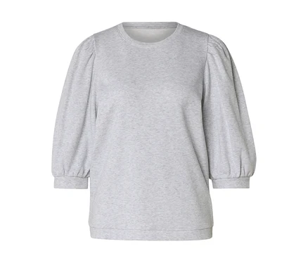 Helles graues Sweatshirt mit Rundhalsausschnitt, voluminösen 3/4-Ärmeln und Bündchen.