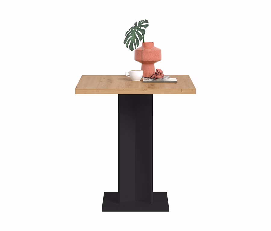 xonox Esstisch Victor mit heller Holzoptik-Tischplatte und schwarzem, geometrischem Säulenfuß. Darauf stehen eine korallfarbene Vase mit Monstera-Blatt, eine weiße Tasse und rosa Macarons.