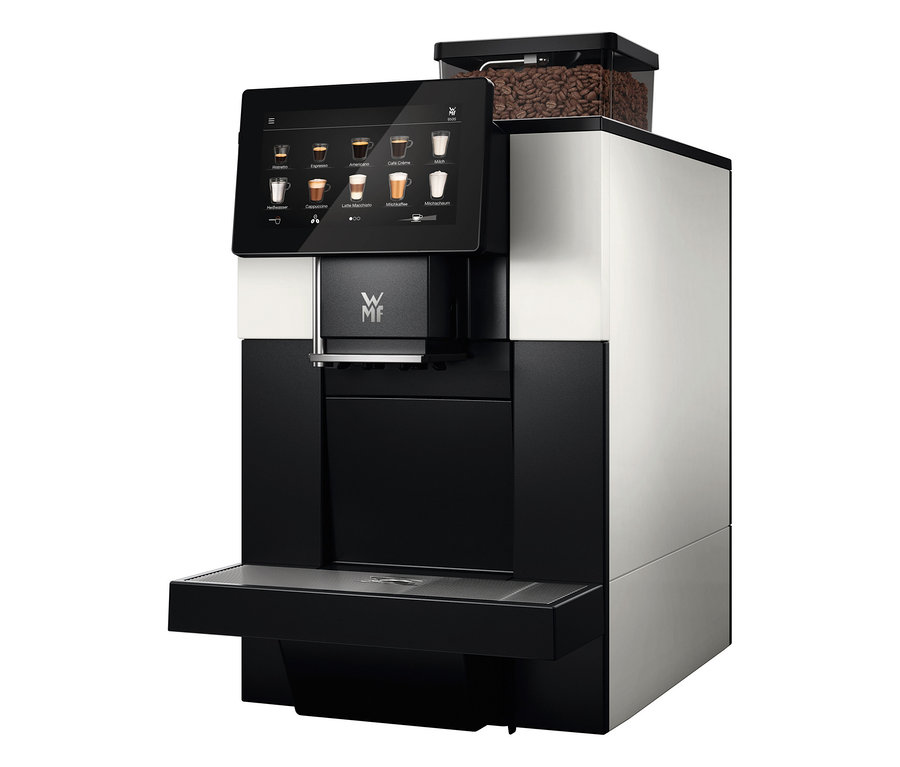 Schwarz-silberne Kaffeemaschine mit Touchscreen und Bohnenbehälter. Zu sehen ist der Profi-Kaffeevollautomat »WMF 950 S«.