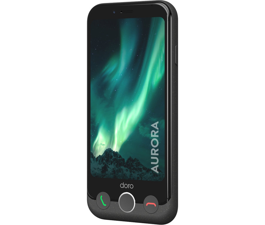 Schwarzes Doro Aurora A10 64 GB Smartphone mit einem Bild von Nordlichtern auf dem Display.