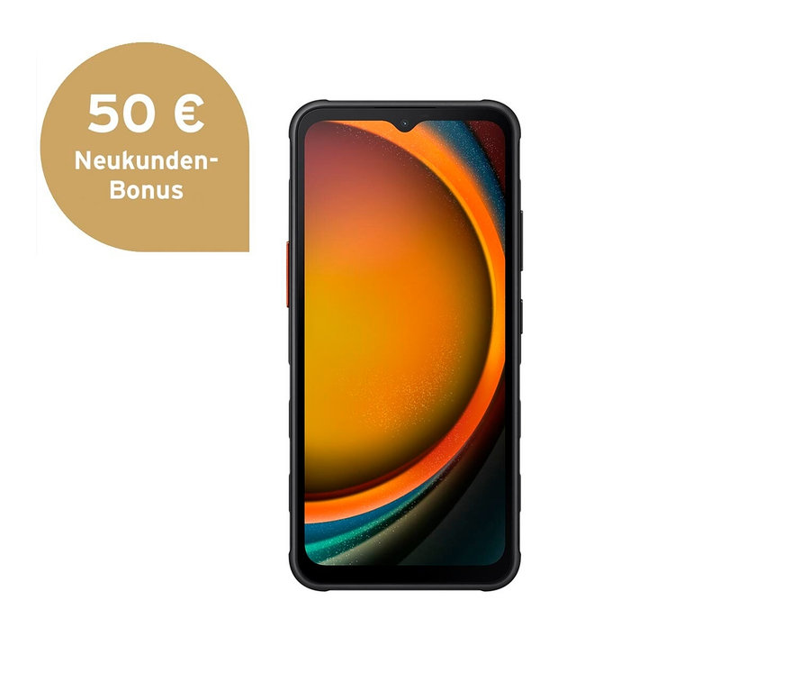 Schwarzes Samsung Galaxy XCover7 EE 5G Smartphone mit orange-schwarzem Bildschirm.