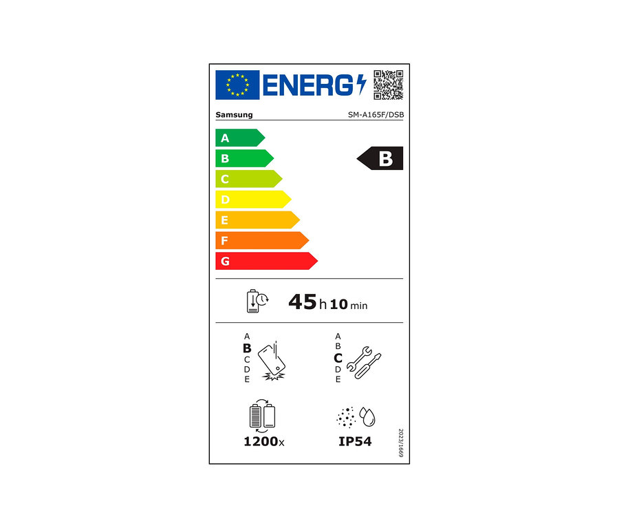 Energieetikett mit den Klassen A bis G, Samsung Produkt mit der Bewertung B.