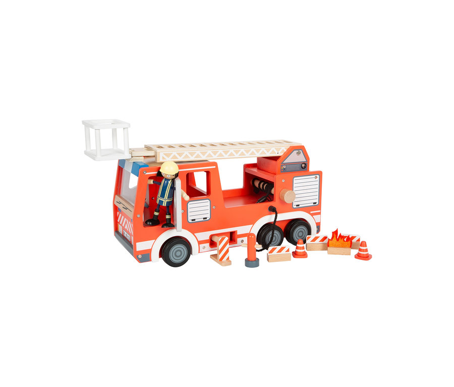 Holzfeuerwehrauto mit Feuerwehrmannfigur, Leiter und Hütchen.