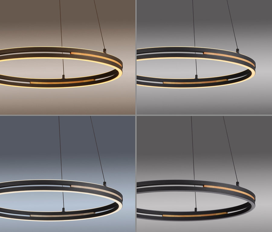 Eine schwarze runde Pendelleuchte mit goldenem Innenakzent, in vier Quadranten mit unterschiedlichen Lichttemperaturen dargestellt: Warmweiß, Kaltweiß, Neutralweiß und ausgeschaltet.