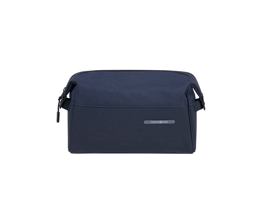 Dunkelblaue Samsonite STACKD Toilet Kit Pouch mit Reißverschluss und Samsonite Logo auf der Vorderseite.