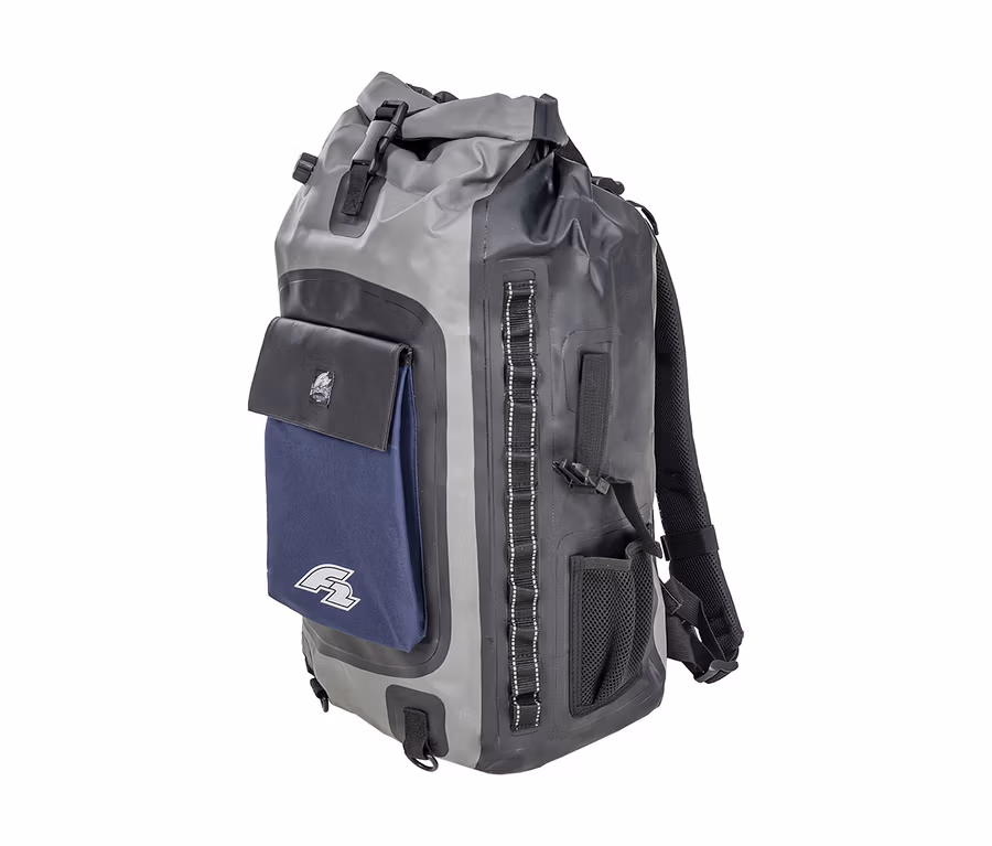 Grauer und schwarzer F2 Rucksack »Reef« mit 28 l Volumen, gesehen von der Seite.