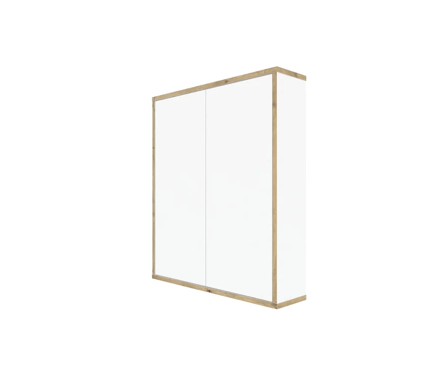Weißer Schrank mit Holzdetails.