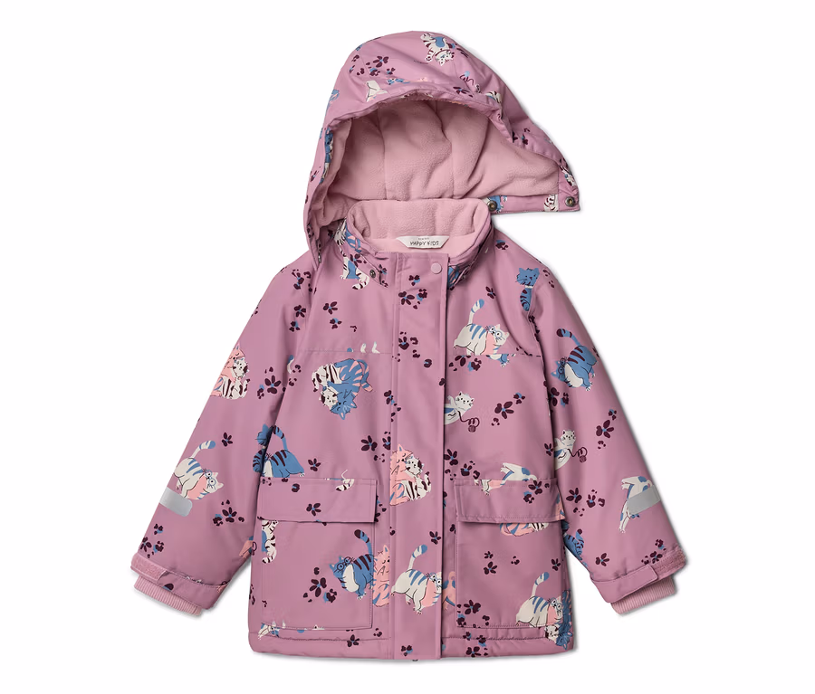 Lila Kinderjacke mit Kapuze, durchgehend mit Katzen und Blumen bedruckt, mit zwei Taschen.