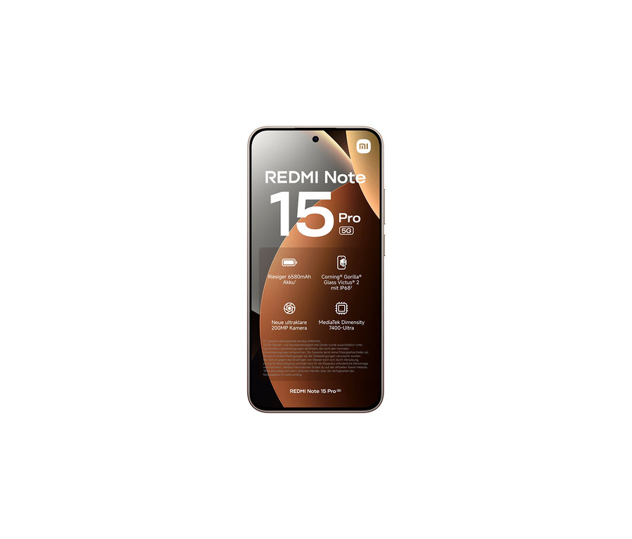 Ein schwarzes Xiaomi Redmi Note 15 Pro 5G Smartphone, dessen Bildschirm die Modellbezeichnung und die Hauptmerkmale anzeigt: 6580mAh Akku, Gorilla Glass Victus 2, 200MP Kamera und MediaTek Dimensity 7400-Ultra.