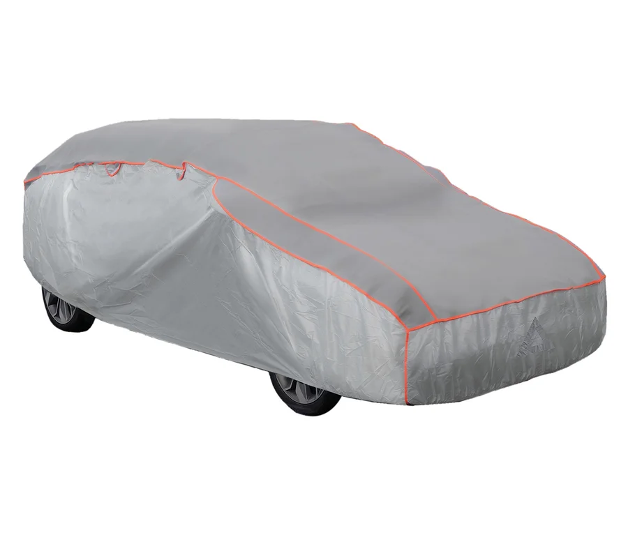 Graues Auto abgedeckt mit silberner APA-Hagelschutz-Ganzgarage, Gr. L.