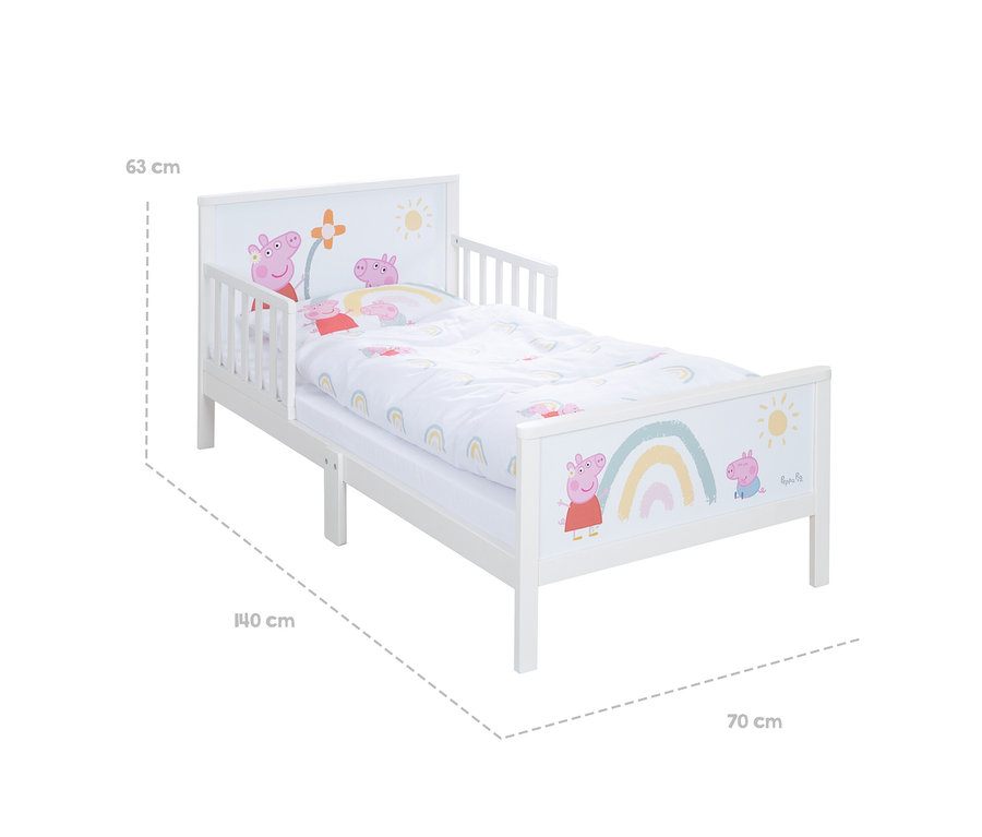 Weißes Kinderbett mit Peppa Pig Motiven und Größenangaben.