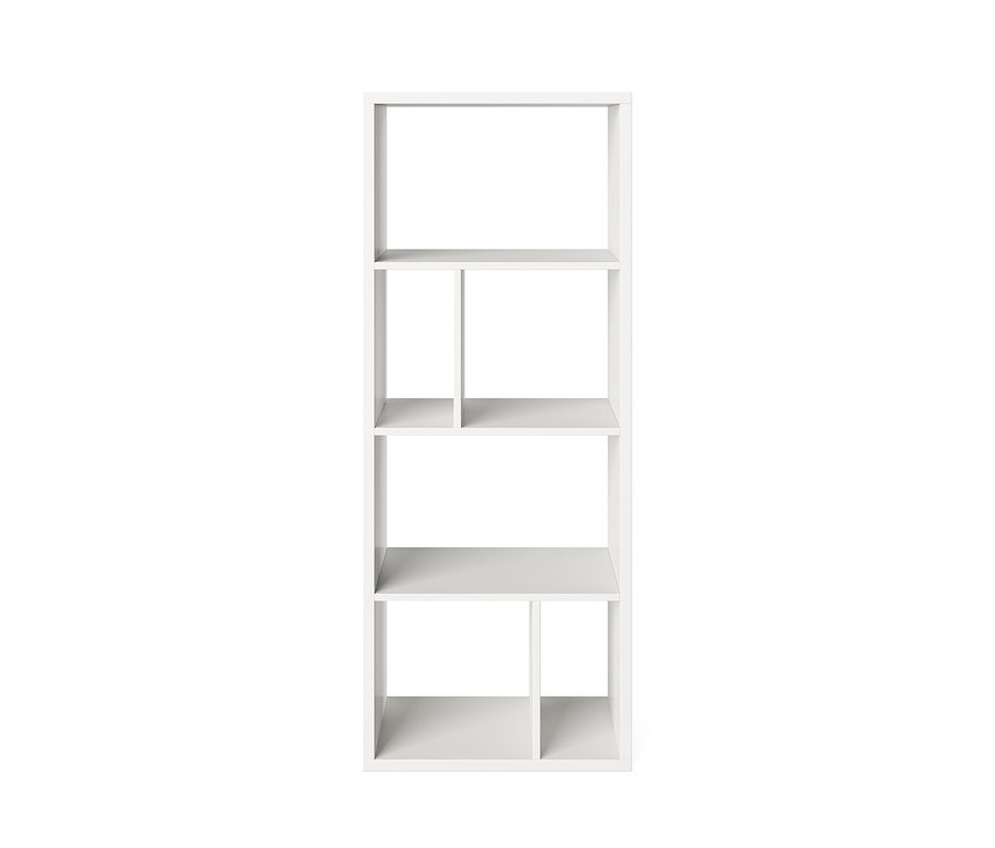 Weißes Bücherregal mit fünf Fächern.