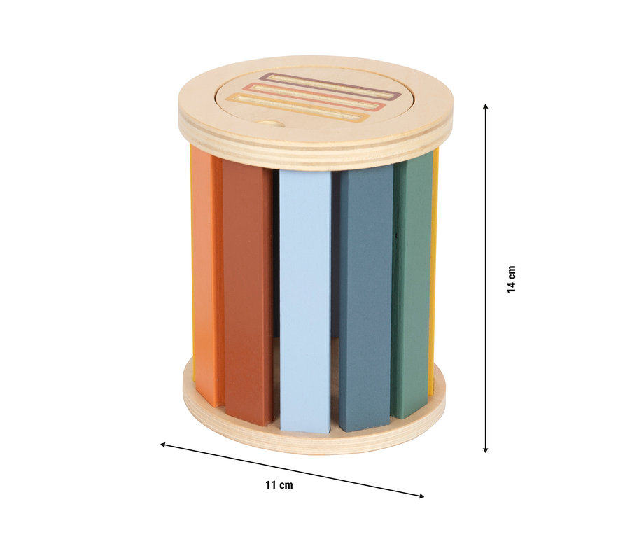Zylindrisches Holzspielzeug mit bunten vertikalen Stäben in Orange, Hellblau, Dunkelblau, Grün und Gelb. Es hat eine helle Holzplatte mit farbigen Linien und misst 14 cm Höhe und 11 cm Durchmesser.