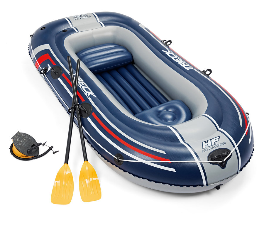 Blau-graues aufblasbares Schlauchboot mit Paddeln und Pumpe.