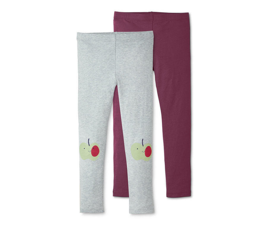 Zwei Leggings, eine graue Leggings mit Apfelapplikation und eine bordeauxrote Leggings.
