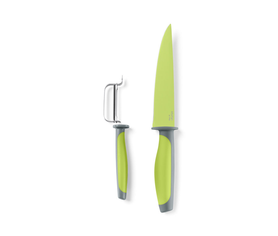 Ein Küchenhelfer-Set bestehend aus einem Messer und einem Schäler mit limettengrünen Klingen und grauen Griffen.