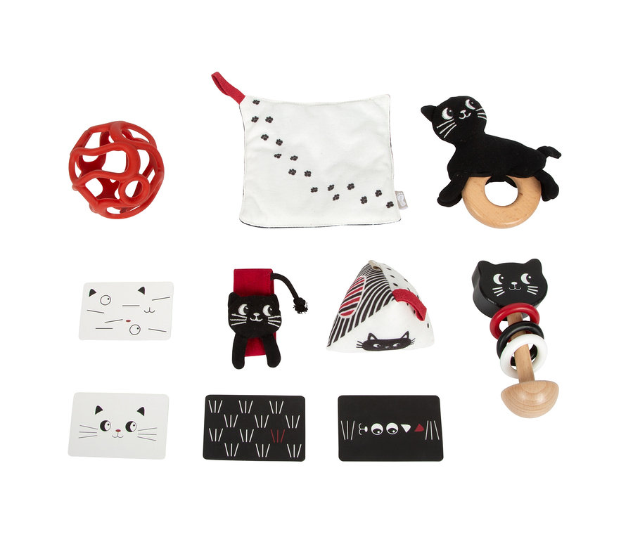 Eine Ansammlung von Babyspielzeug in Schwarz, Weiß und Rot, darunter ein roter Gitterball, ein weißes Tuch mit schwarzen Pfotenabdrücken, eine schwarze Katzenrassel auf einem Holzring, eine schwarze Katzen-Handgelenksrassel, eine dreieckige Stoffrassel mit Katzenmotiv, eine Holzrassel mit Katzenkopf und vier kontrastreiche Karten mit Katzenmotiven.