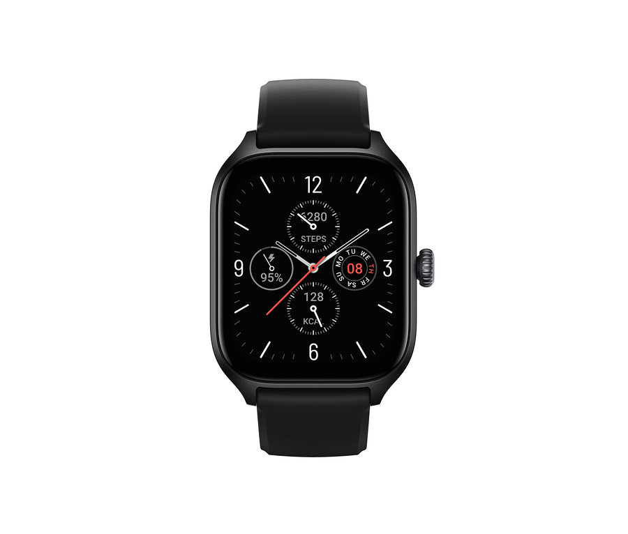 Eine schwarze Smartwatch zeigt die Uhrzeit, das Datum und Aktivitätsdaten auf dem Zifferblatt. Zu sehen ist die Amazfit GTS 4 Smartwatch in Infinity Black.