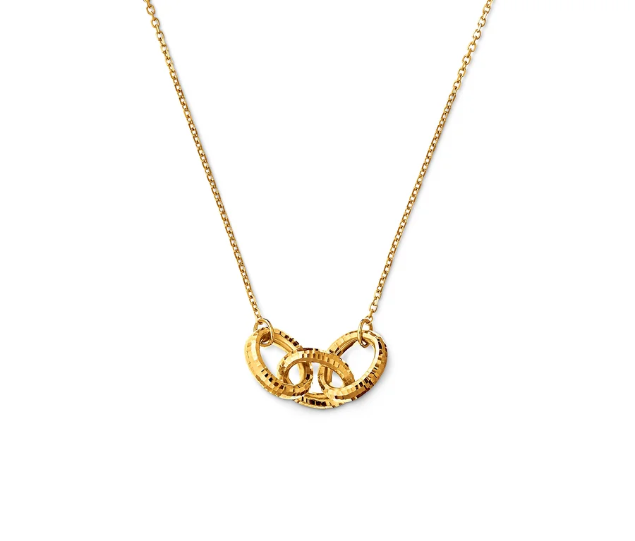 Goldkette mit drei ineinander verschlungenen Ringen mit diamantierter Oberfläche.