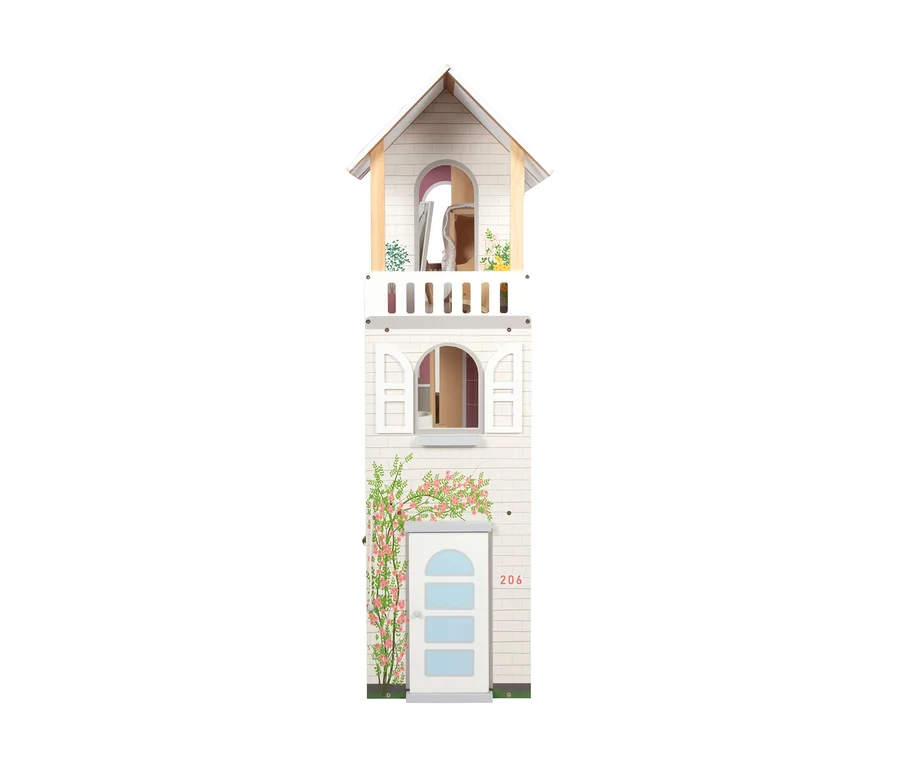 Das Foto zeigt das small foot Puppenhaus »Traumvilla XL« von vorne. Das dreistöckige, weiße Puppenhaus hat einen Balkon und ist mit Blumenranken verziert.