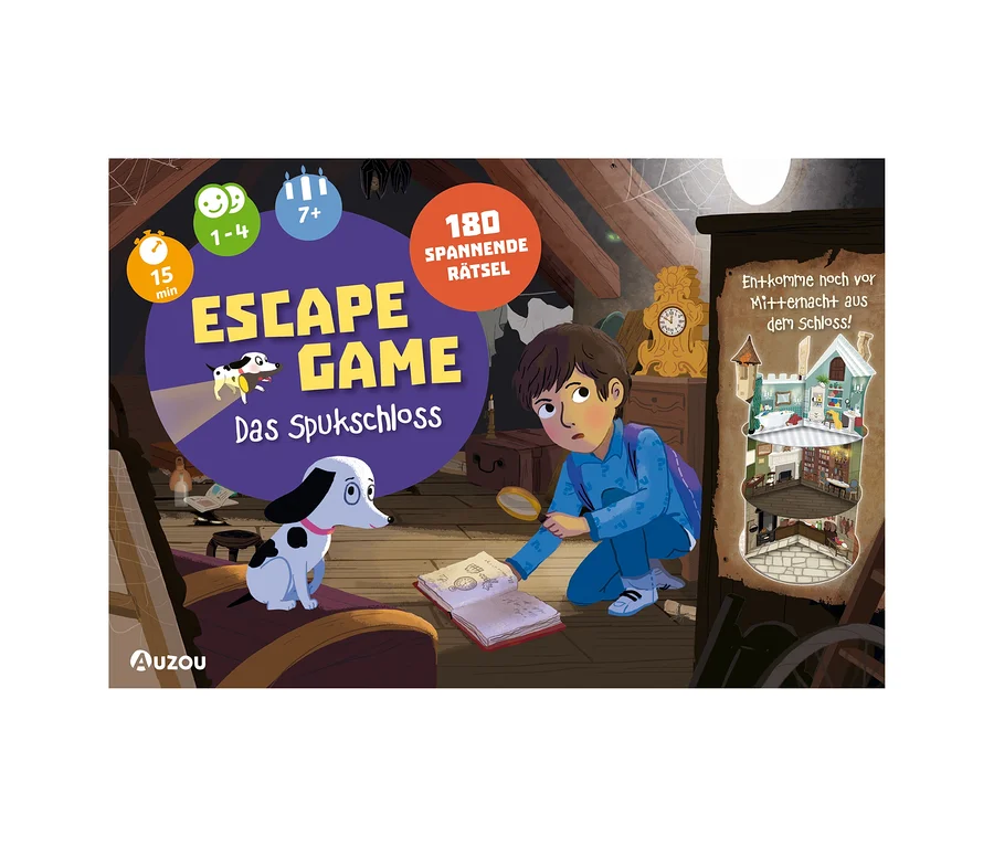 Cover des Escape Games »Das Spukschloss«: Ein Junge mit Lupe untersucht ein Buch, daneben sitzt ein Hund in einem staubigen Dachboden. Angaben: 15 Min., 1-4 Spieler, ab 7 Jahren, 180 Rätsel. Rechts eine Burg-Illustration mit Text: „Entkomme noch vor Mitternacht aus dem Schloss!“