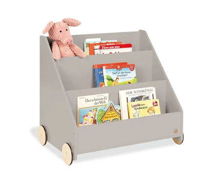 Graues Pinolino Kinderbücherregal »Lasse« mit Plüschschwein oben und Kinderbüchern darin.