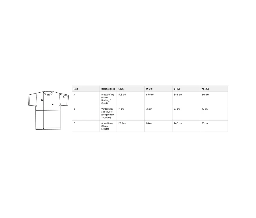 Größentabelle für das Unisex Coffee Crew T-Shirt, mit einer technischen Zeichnung und Maßen für Brustumfang, Vorderlänge ab Schulter und Ärmellänge in den Größen S (36) bis XL (42).