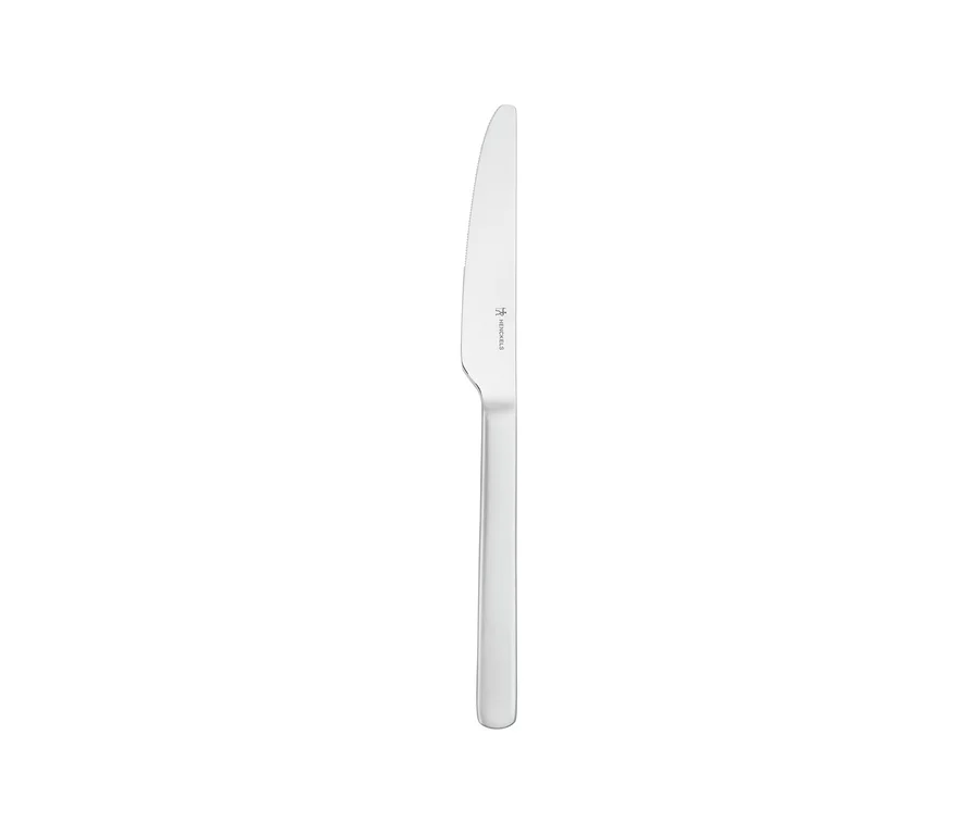 Ein silbernes Messer aus dem Henckels by ZWILLING »Clouds« Besteckset, mit dem Henckels-Logo auf der Klinge.