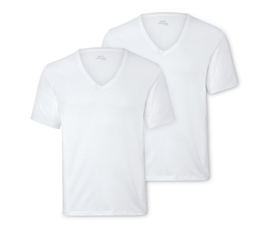 Zwei weiße Funktionsunterhemden mit V-Ausschnitt.