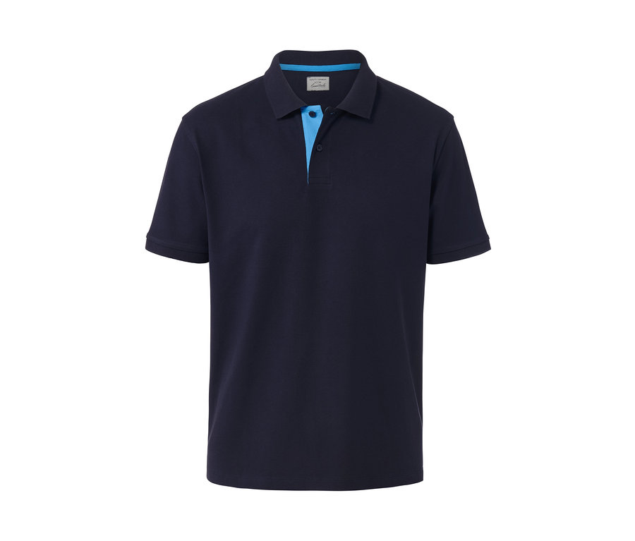 Dunkelblaues Piqué-Poloshirt mit kurzen Ärmeln und hellblauen Details.